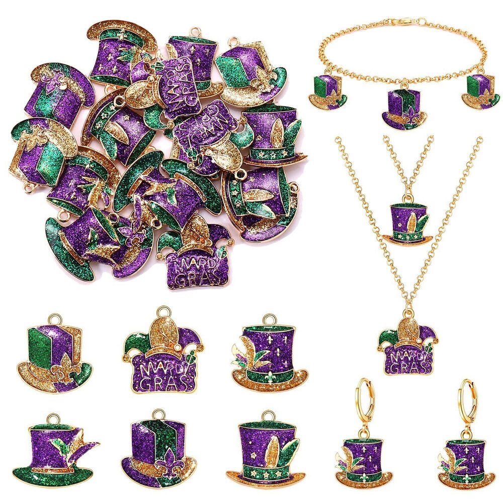 4749 18PCS Mardi Gras Charms for Jewelry Making, Crown Jester Mask
